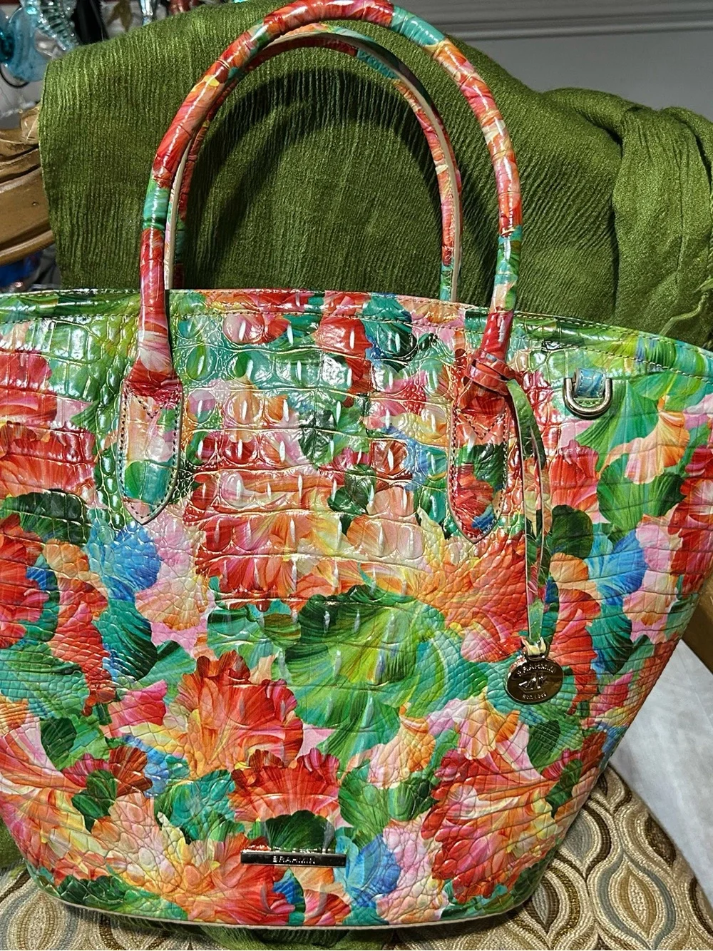 Brahmin Multicolor Floral Croc-Embossed Tote in Green, Red & Pink includes strap